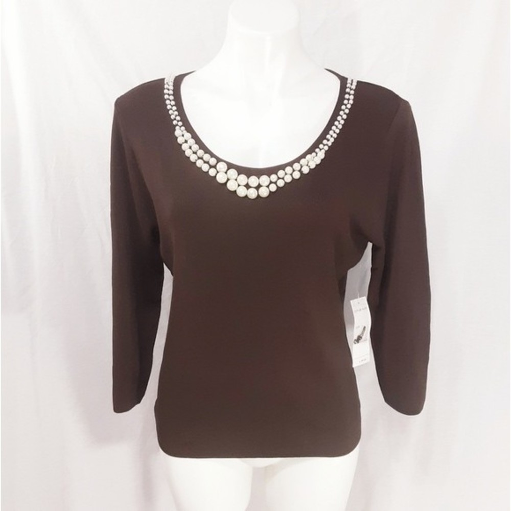 NWT Finity Faux Pearl Scoop Neck Knit Top Brown L Preppy Elegant Classic Chic